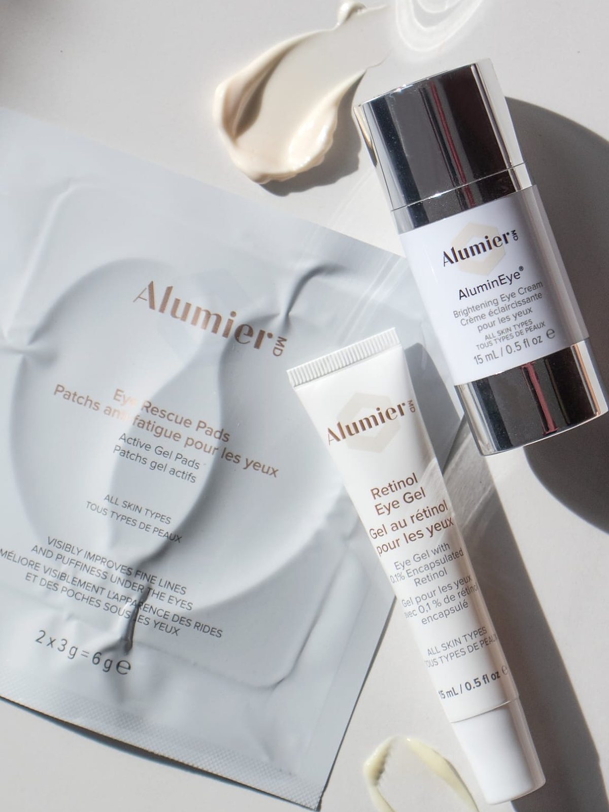 AlumierMD eye care: brightening eye cream, retinol eye gel and eye rescue pads